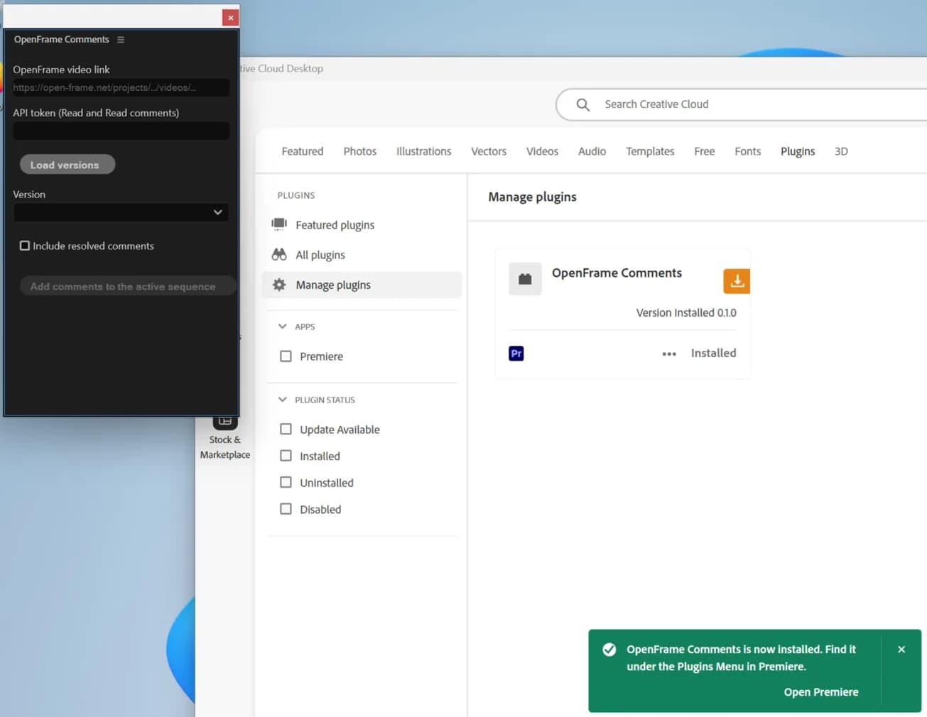 Creative Cloud showing OpenFrame Comments as installed