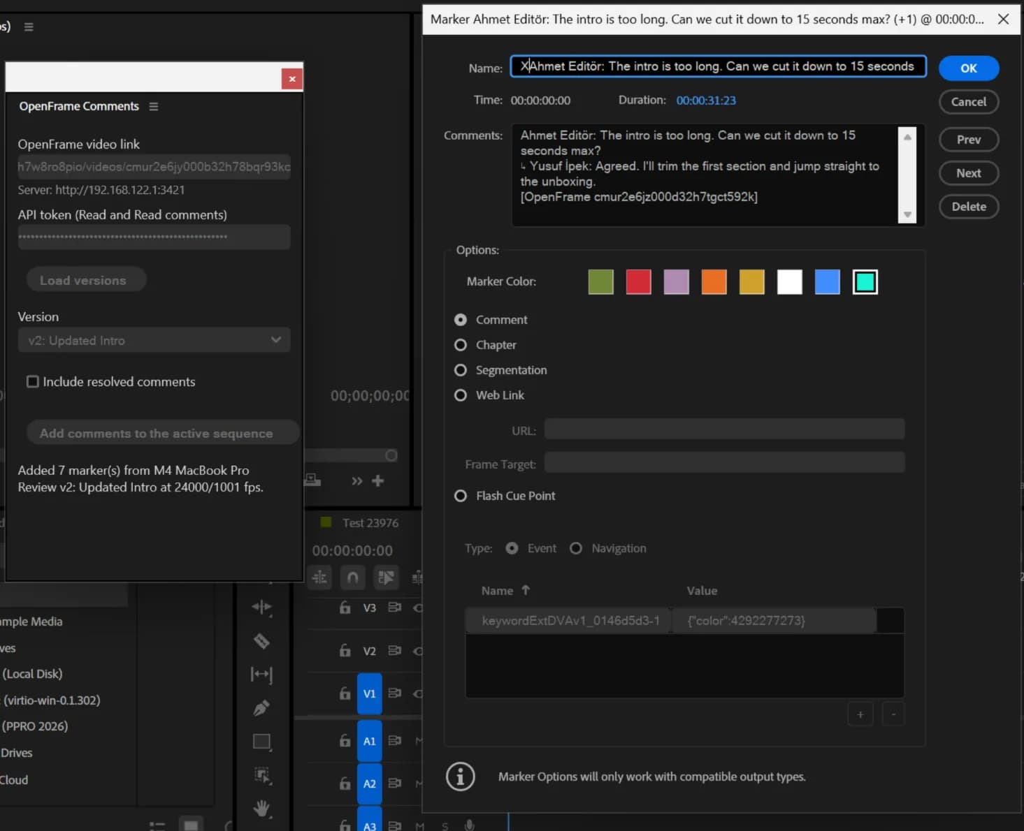 A marker opened in Premiere, with the comment and its reply