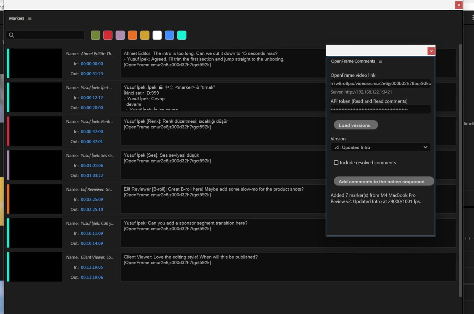 Premiere's Markers panel listing the comments with their colors