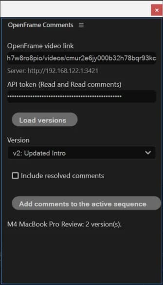 The panel with a video link and token, and a version picked