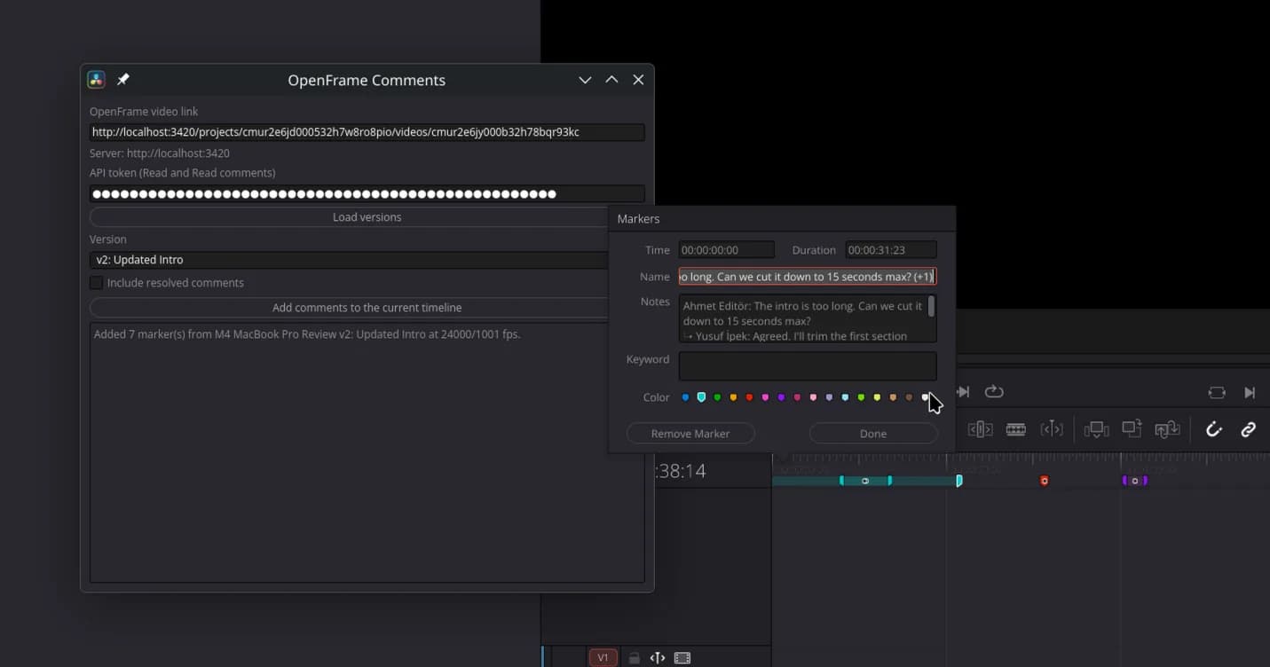 A marker opened in Resolve, with the comment and its reply