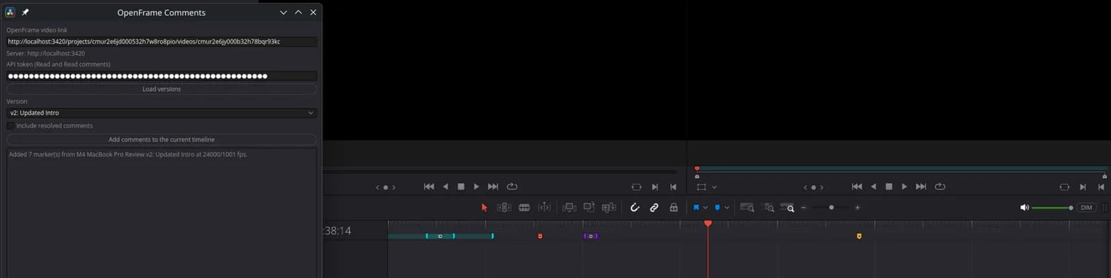 Colored comment markers on the Resolve timeline