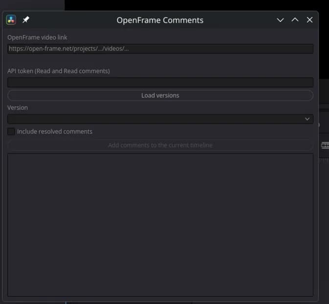 The OpenFrame Comments window in Resolve