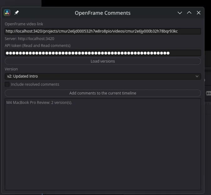 The script with a video link and token, and a version picked